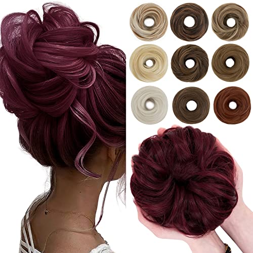 SEGO 55g Messy Bun Fluffy Tousled Updo Scrunchies Synthetic Thicker Hair Bun Hair Piece for Women Donut Easy Bun Hairpiece Wine Red