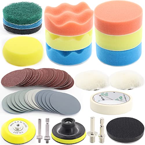 CTPICXM 74PCS 3Inch Car Headlight Restoration and Polishing Kit, Sanding Discs with 1/4" and M10 Backing Pad,Scouring Pads, Interface Pad, Wool Polishing Buffing Pad Polishing Buffing Wheel
