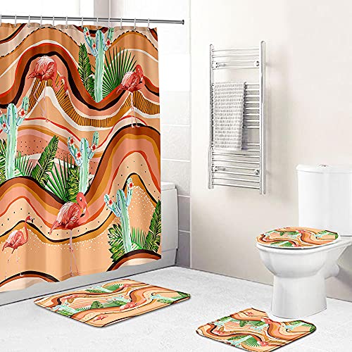 ZDDWLDL 4-Teilig Duschvorhang Set Mit Rutschfesten Teppichen Toilettendeckel Und Badematte Wasserdicht Farbfest Schimmel… – Bild 3