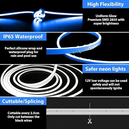 Image of NEWNESS 13.2 Feet Blue Neon LED Strip Lights | IP65 Waterproof Flexible Silicone Rope Light with 12V Power Adapter for Home Decor