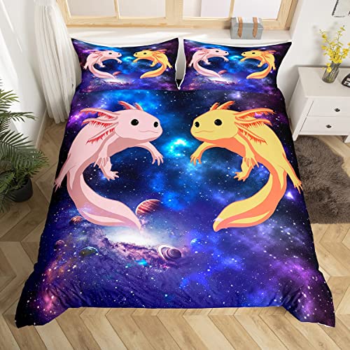 Feelyou Cute Axolotl Bedding Set Galaxy Duvet Cover Set Kids Boys Girls Universe Outer Space Comforter Cover Coastal Quilt Cover 3PCS Full Size (No Comforter)
