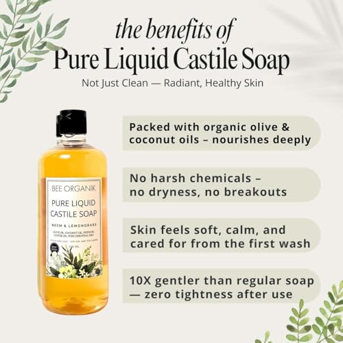 Image of Neem & Lemongrass Pure Liquid Castile Soap |All Natural, Organic and Safe | Face, Body & Hair, For Sensitive Skin, No Artificial Fragrance | Bee Organik | Neem 500ml