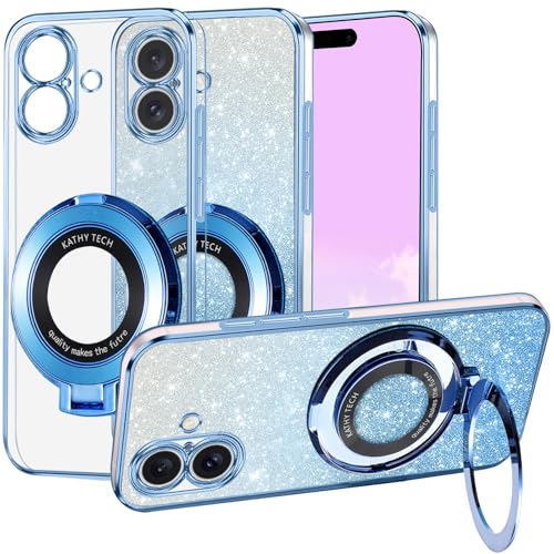 Coque iPhone 16 Plus MagSafe paillettes avec support bague silicone antichoc bleu