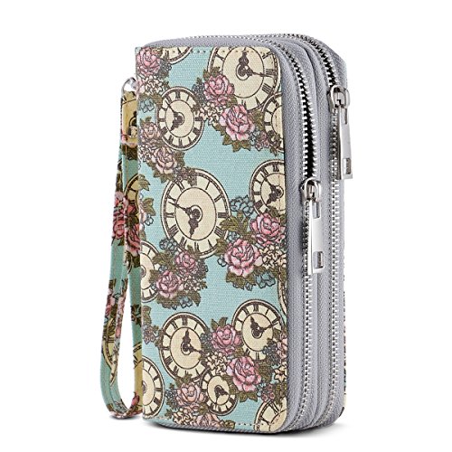 HAWEE Lång kuvertplånbok för kvinnor dubbel dragkedja mobiltelefonhållare damer handledsväska med flera kortplatser för mynt kontanträkning, Klocka + blomma, L