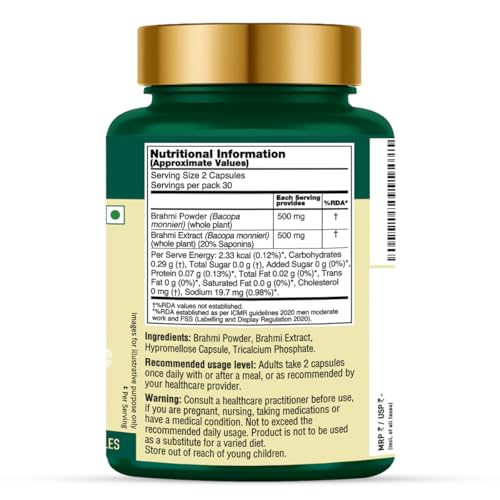 Image of VAHDAM Brahmi Capsules 1000mg | Bacopa Monnieri for Memory, Focus & Cognitive Performance | Dual Extract: Whole Herb + 20% Saponins Standardised Extract | 60 Veg Capsules | Brain Supplement