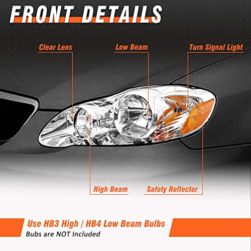 Axlaha 2003 2004 2005 2006 2007 2008 Corolla Headlights Assembly For 03 04 05 06 07 08 Toyota Corolla Chrome Housing Amber Reflector Replacement Driver And Passenger Side Pair #TOP1