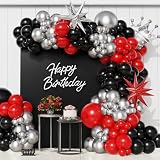 Red and Black Silver Balloon Arch Garland kit 150Pcs Red and Black Latex Chrome Silver and Crown Starburst Star Mylar Balloons for Birthday 2025 Graduation Party Decorations