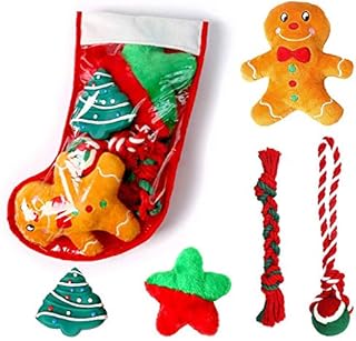 Highland Farms Select Christmas Dog Stocking Gifts Set - Dog Toy Filled - Festive Puppy Stocking Variety Pack Toy with Squeaky Toy/ Cotton Knotted Rope Toy - 5 Packs