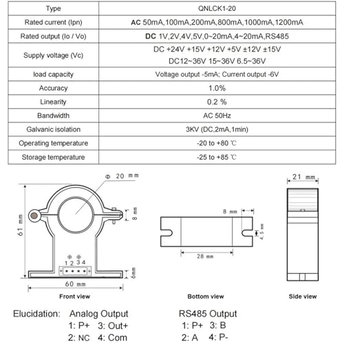 Sensor de corriente de fuga CA QNLCK1-20 con salida RS485 para monitoreo preciso de 400mA 3