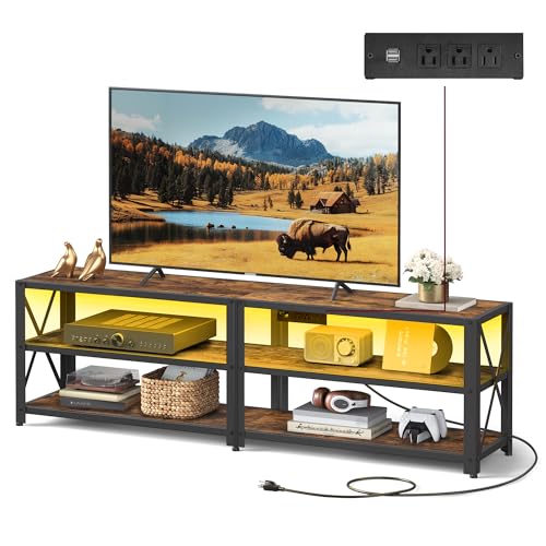 VASAGLE TV Stand with Power Outlets and LED Lights, for TVs up to 75 Inches, Entertainment Center with Open Storage Shelves, TV Console Table for Living Room, Rustic Brown and Ink Black ULTV119K01