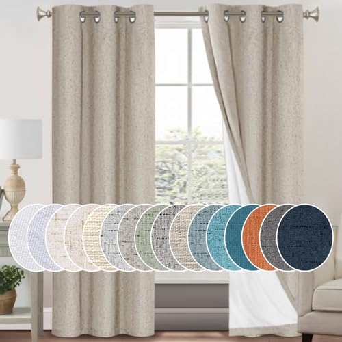 Image of PrinceDeco 100% Blackout Curtains for Bedroom 84 Inches Long Linen Blackout Thermal Drapes Privacy Protection Room Darkening Window Curtain with White Liner, 2 Panels Set, W42 X L84,Stone