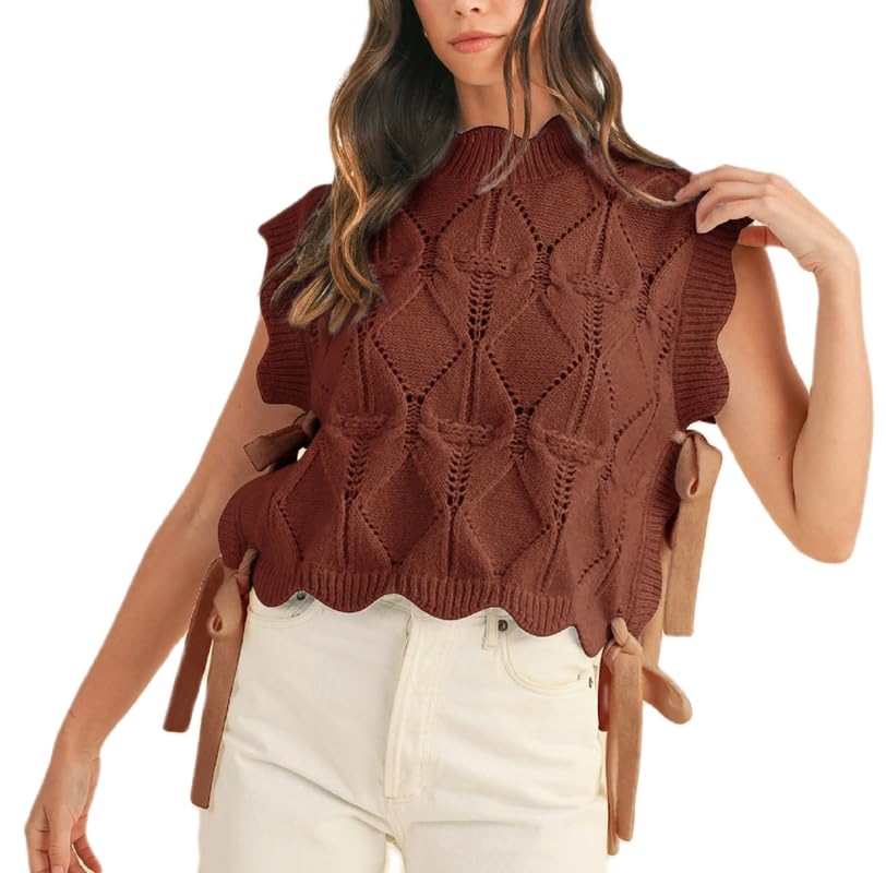 NUFIWI Womens Y2K Ribbon Bow Sweater Vest Chunky Cap Sleeve Knit Vest with Bows Casual Lace Up Bandage