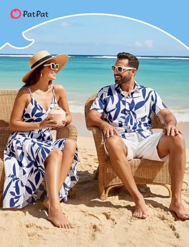 Image of PATPAT Couples Matching Outfits Hawaiian Women Dresses & Men Shirts | Matching Cruise Outfits for Couples, Beach Vacation Outfits, Spaghetti Strap Midi Sundress, Men Boho Tropical Print Shirt