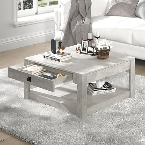 Galano Philia Coffee Table, Modern Top Rectangular Coffee Table with Storage Drawer, 2 Tier Center Table for Living Room, Office, Balcony, 31.5" D x 31.5" W x 16.34" H, Dusty Grey Oak Cover