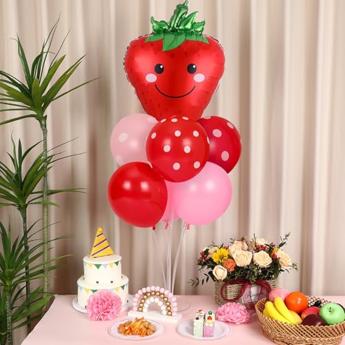 Image of 2 Sets Strawberry Party Balloons Stand Kit with Red and Pink Dot Foil Balloons Sweet Strawberry 1st Party Balloon Centerpiece for Tables for Girls Strawberries Birthday Themed Decorations