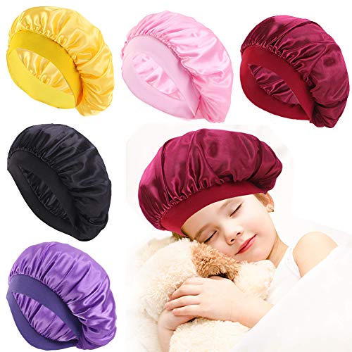 5 Pieces Kids Satin Bonnets Wide Band Silk Bonnet Night Sleep Cap Toddler Hair Bonnet Sleeping Hat Toddler Bonnet For Natural Hair Kids Children Infant Newborn Babies Girls