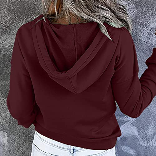 Women's Hooded Sweatshirts Fashion Solid Color Long Sleeve Loose Casual V-Neck Button Drawstring Hoodies Tops #TOP4