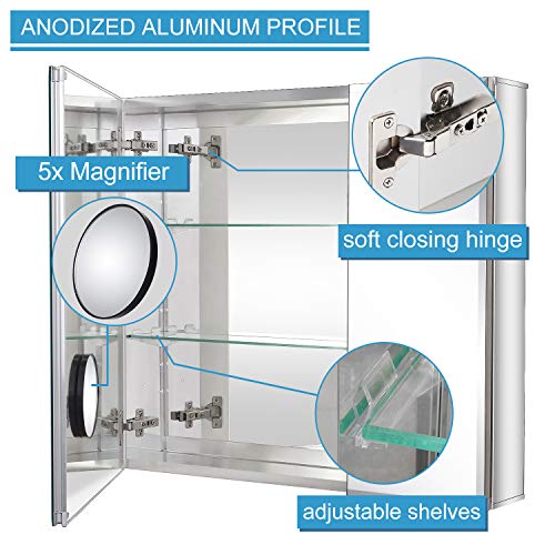 Fundin Bathroom Mirror Medicine Cabinet Aluminum Storage Cabinet 30 X 26 Inch Beveled Edge Frameless Double Sided Mirror Door Recess Or Surface Mount With 5X Magnifying Makeup Mirror #TOP3