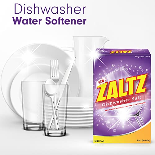 zaltz dishwasher salt - water softener cleaner rinse aid with easy pour spout - real salt for dishwashers 44 lb box