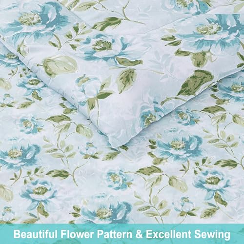 Image of lasoftan Floral King Comforter Set with Sheets, 7 piece Luxury Vintage Bedding, Soft Microfiber Bed in a Bag, Cozy Lightweight Bed Set, Green Leaves Teal Blue Flower