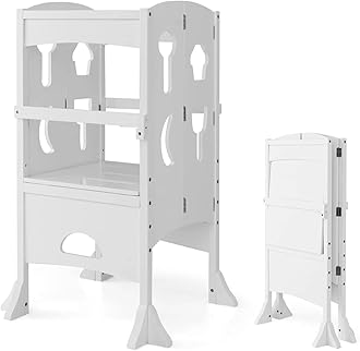 HONEY JOY White Kitchen Step Stool for Toddlers, Children Wooden Standing Tower Kitchen Helper w/Safety Rail, Extra Kitchen Toys, Montessori Foldable Kids Learning Tower for Kitchen Counter(White)