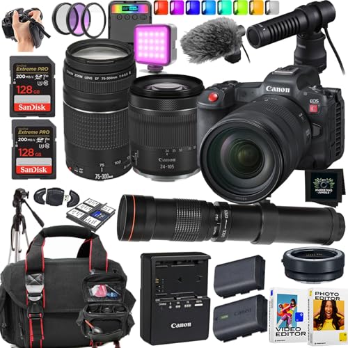 Canon EOS R5 C Mirrorless Cinema Camera + Canon RF 24-105mm f/4-7.1 is STM and EF 75-300mm f/4-5.6 III Lens + 256 GB Memory Card + 420-800 Telephoto Lens + More (18pc Bundle) (Renewed)
