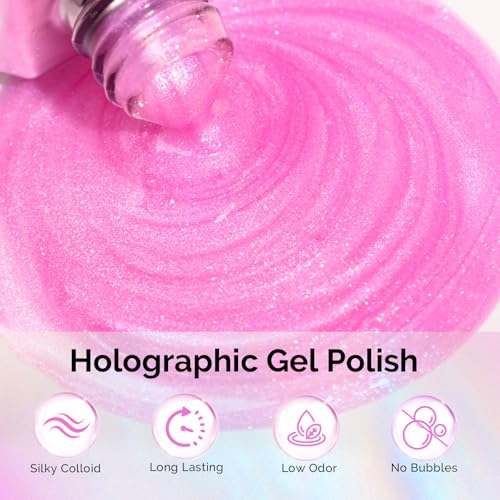 Image of MelodySusie Jelly Pink Aurora Shimmer Gel Nail Polish, 0.5fl oz Soak Off UV LED Holographic Hot Pink Glitter Gel Polish Gift for Women Nail Art Manicure Salon DIY Nail Design Decoration at Home-G2610