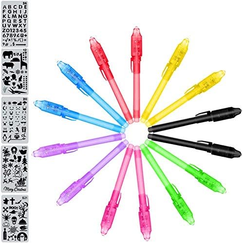 14 Pieces Secret Pen with UV Light + 5 Drawing Stencils (Hundreds of Graphic Designs) - Invisible Ink Pen Built-in UV Light for Secret Message