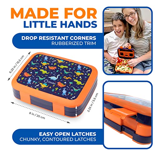 Dinosaur Bento Lunch Box for Boys Toddlers, 5 Portion Sections Secure Lid, Microwave Safe BPA Free Removable Plastic Tray, Pre-School Kid Daycare Lunches Snack Container Ages 3 to 7 Blue Orange by kinsho - Image 3