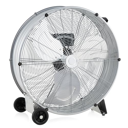 COSTWAY Ventilador Industrial de 180W, Ø65cm Ventilador de Suelo con Asa Lateral, 2 Ruedas, Soporte Antideslizante, 3 Velocidades, 3 Aspas Metálicas, Potente de Aluminio para Garaje y Almacén (Plata)