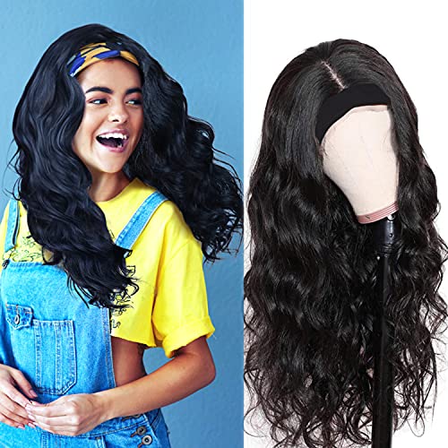 FUNFLOWERS Headband Wigs for Women, Wavy Long Water Wave Wigs with Adjustable Headwrap Synthetic Natural Black Glueless Machine Made 180% Density 27 Inchs