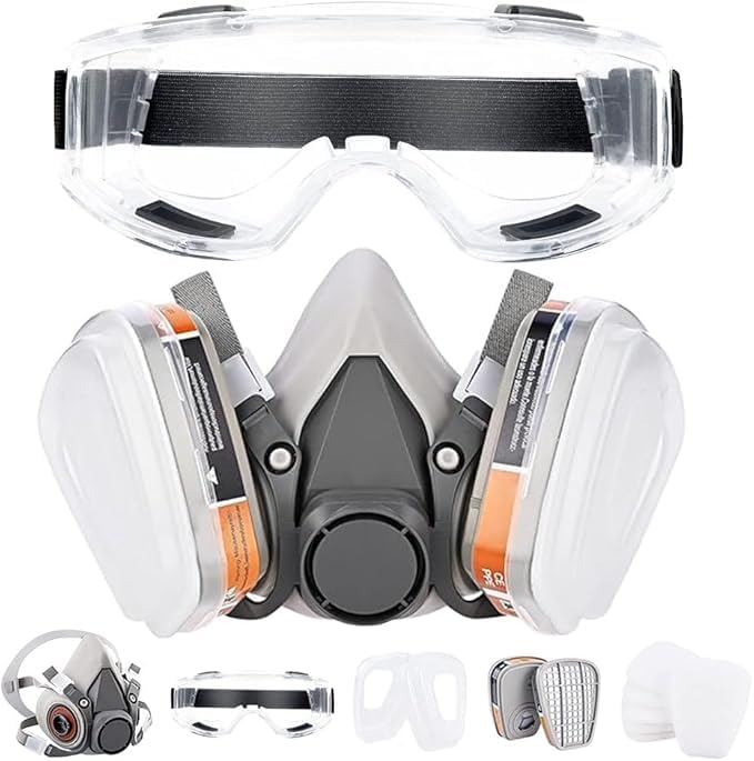upkpvid Reusable Respirator Mask with Half Face Filters & Safety Goggles, Dust Gas Proof Face Cover for Painting Sanding Polishing Spraying and Formaldehyde Work Protection