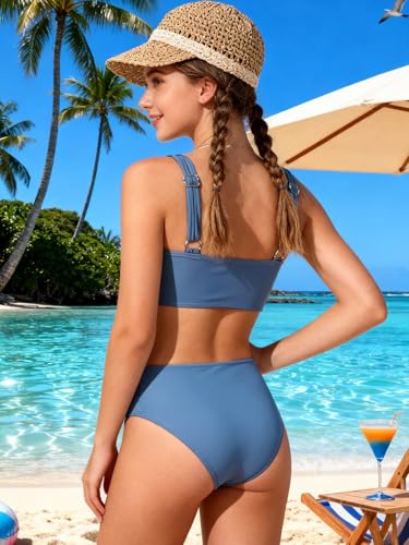 Image of Girls Swimsuit 2 Piece Bikini Set Swimwear Solid Color Bathing Suit 9-16T | Tropical Floral, Criss Cross, for Teen & Preteen