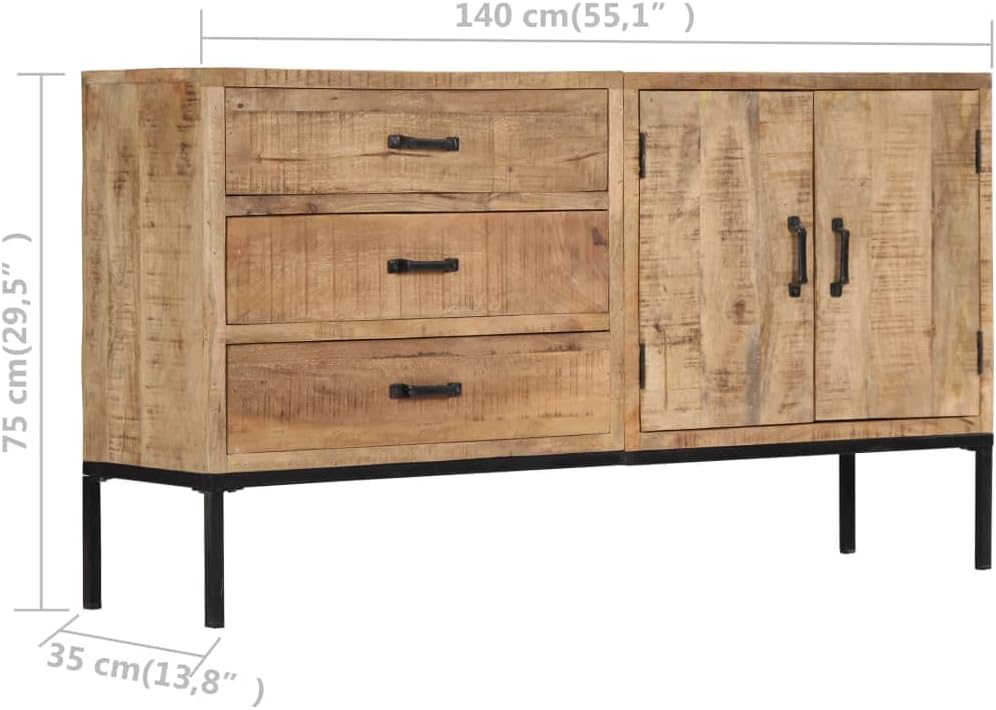 Solid Mango Wood Sideboard with 3 Drawers and 2 Cabinets, Rustic Brown Medium Storage Furniture for Dining Room and Living Area, Durable Construction and Spacious Organization