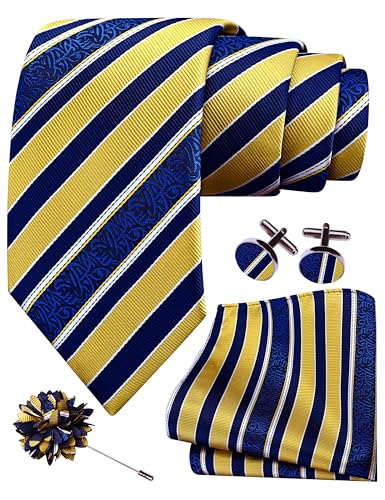 Image of GUSLESON 3.15 inch（8cm） Mens Stripe Tie and Lapel Pin Necktie Hankerchief Cufflinks Set for Men