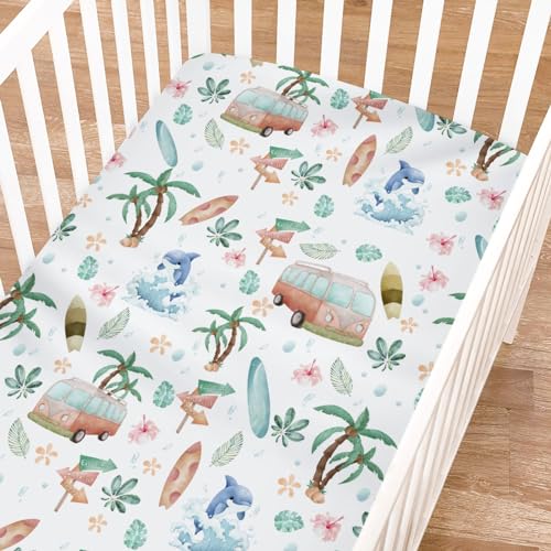 Image of Boho Surfing Summer Beach Fitted Crib Sheets for Boy Girl 52"x28" Coconut Tree Surfboard Bus Tropical Floral Leaves Wave Soft Baby Bed Sheet Fits Standard Crib and Toddler Mattress