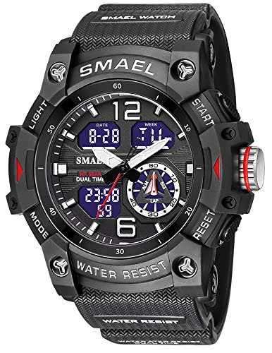 Gosasa Mens and Womens Military Digital Watch Date Week Sport Watches Outdoor Analog Digital Dual Display PU Strap Stopwatch Waterproof Multifunctional Unisex Wrist Watch