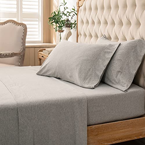 PURE ERA Jersey Knit 4pc Bed Sheet Set 100% T-Shirt Heather Cotton Super Soft Comfy Breathable Fits Mattress Up to 20" Extra Deep Pocket (Heather Light Grey, Cal King)