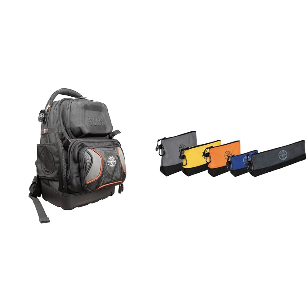 Klein Tools 55485 48-Pocket Electrician Backpack and 55569 5-Pack Stand-Up Zipper Tool Bags with Carabiners