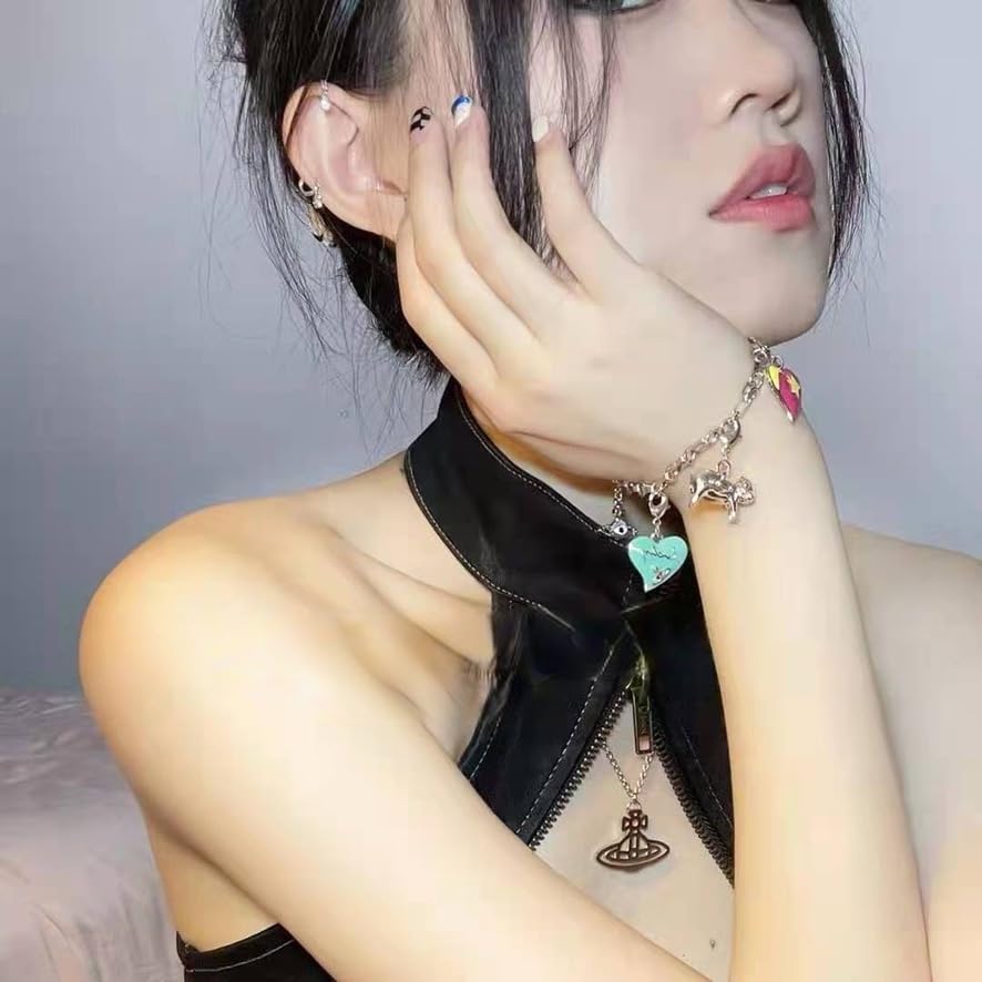 ZHAOZHAO Colorful Pig Love Heart Eye Saturn Bracelet for Women - Removable Enamel Saturn Bracelet3