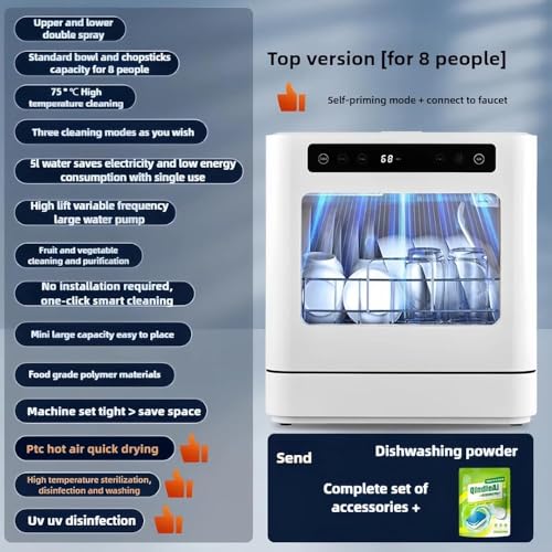 Portable Tabletop Dishwasher - Small Fully Automatic Dishwasher with 4 Cleaning Modes