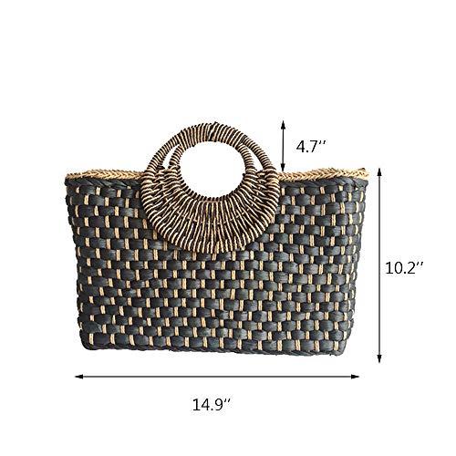 Bolso de paja veraniego retro para mujer negro miniatura 4