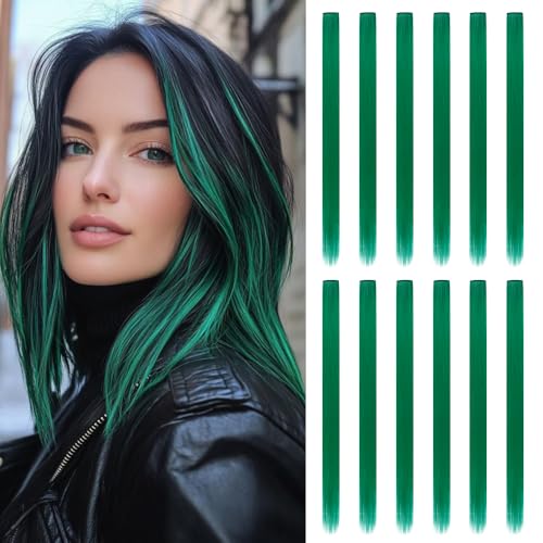 AIYCUN 12 Pcs Colored Green Hair Extensions One Color 20 Inch Clip on in Colorful Hair Extensions Rainbow Party Highlights Synthetic Hairpieces Gifts For Women Girls