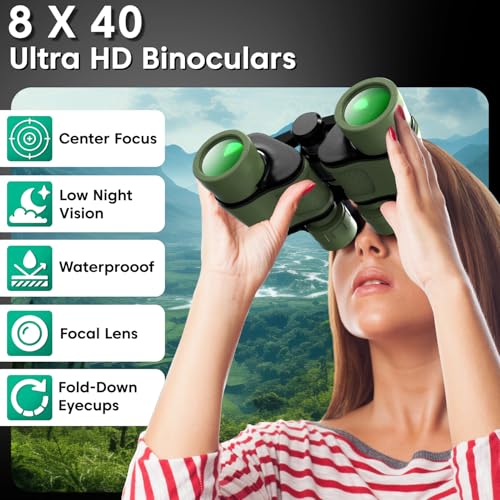 Image of Sounce 8x40 Binoculars for Long Distance | Professional HD Binocular for Adults | BAK4 Porro Prism FMC Optics | Bird Watching Wildlife Trekking Safari | Wide Angle Durbin with Pouch (Green)