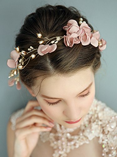 Aegenacess Wedding Headband Artificial Flower Wreath and Tiara for Brides and Bridesmaids - Bridal Hair Vine Crystal Prom Baby Shower Accessories for Women and Girls with Ribbon (Pink Flower)