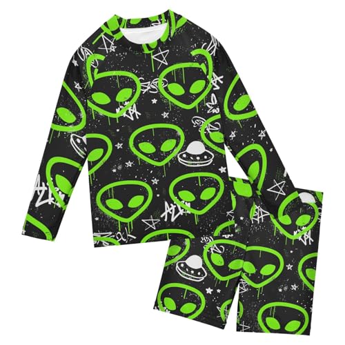 Aflyko Boys' Rash Guard Set Alien Doodle Neon Crewneck Swim Shirt with Jammer Stretchy Beach Shorts Comfortable Fit Summer Daily Wear, 7-8T