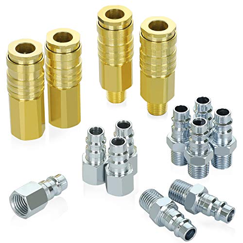 WYNNsky High Flow V-Style Air Fittings Brass Quick-Connect Coupler and Steel Plug 1/4 Inch Body Size 1/4 Inch NPT Threads Size 250PSI 14PCS Air Compressor Hose Accessories