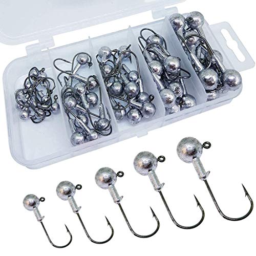 HEZHU 45 Stück Jighaken mit Round Jighead, Jigköpfe für Gummifische zum Raubfishangeln, Bleikopf-Angelhaken Set mit…