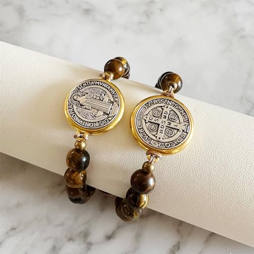 2Pcs San Benito Bracelet Tigher Eye Bracelet Saint Benedict Medal Catholic San Benito Medalla2