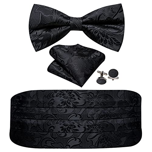 Image of Barry.Wang Men Silk Paisley Cummerbund and Pre-tied Bowtie Handkerchief Cufflink Set for Tuxedo